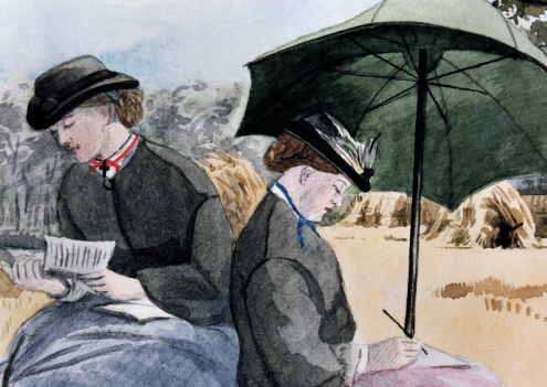 Painting of two women reading and writing