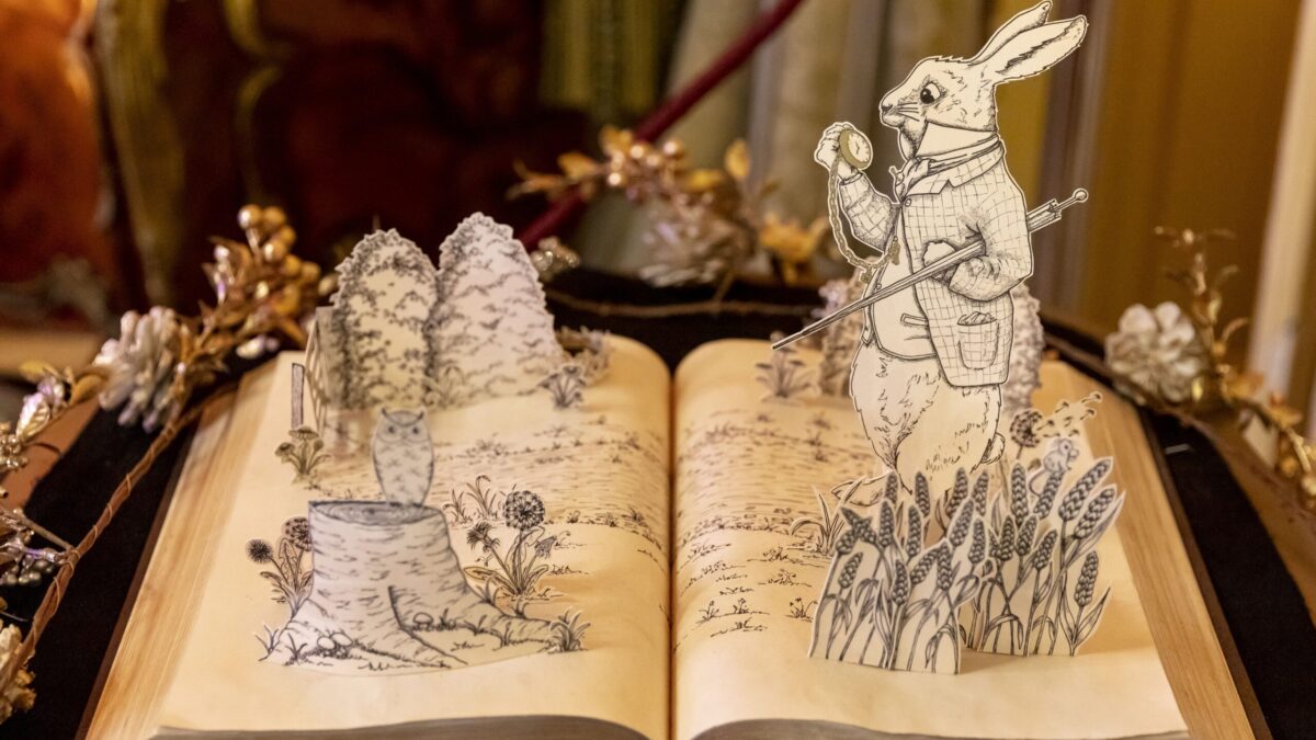 Alice in Wonderland pop up book with the rabbit
