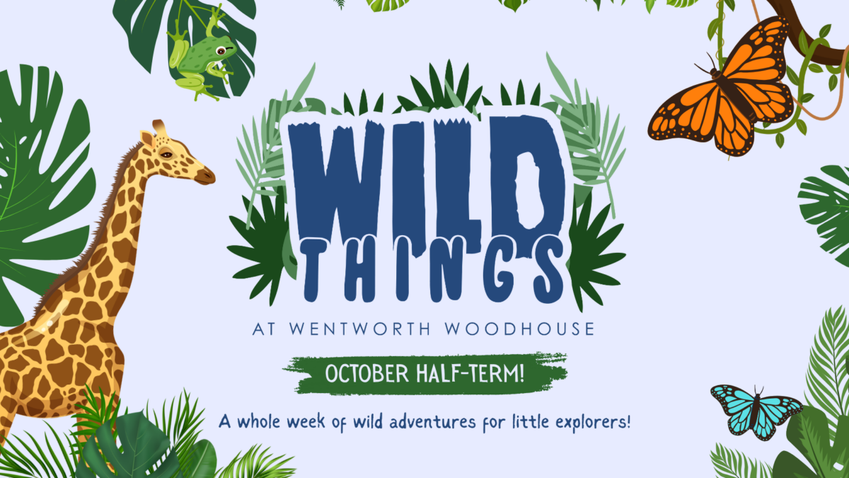 WILD THINGS October Half Term poster with Giraffe and Butterfly etc